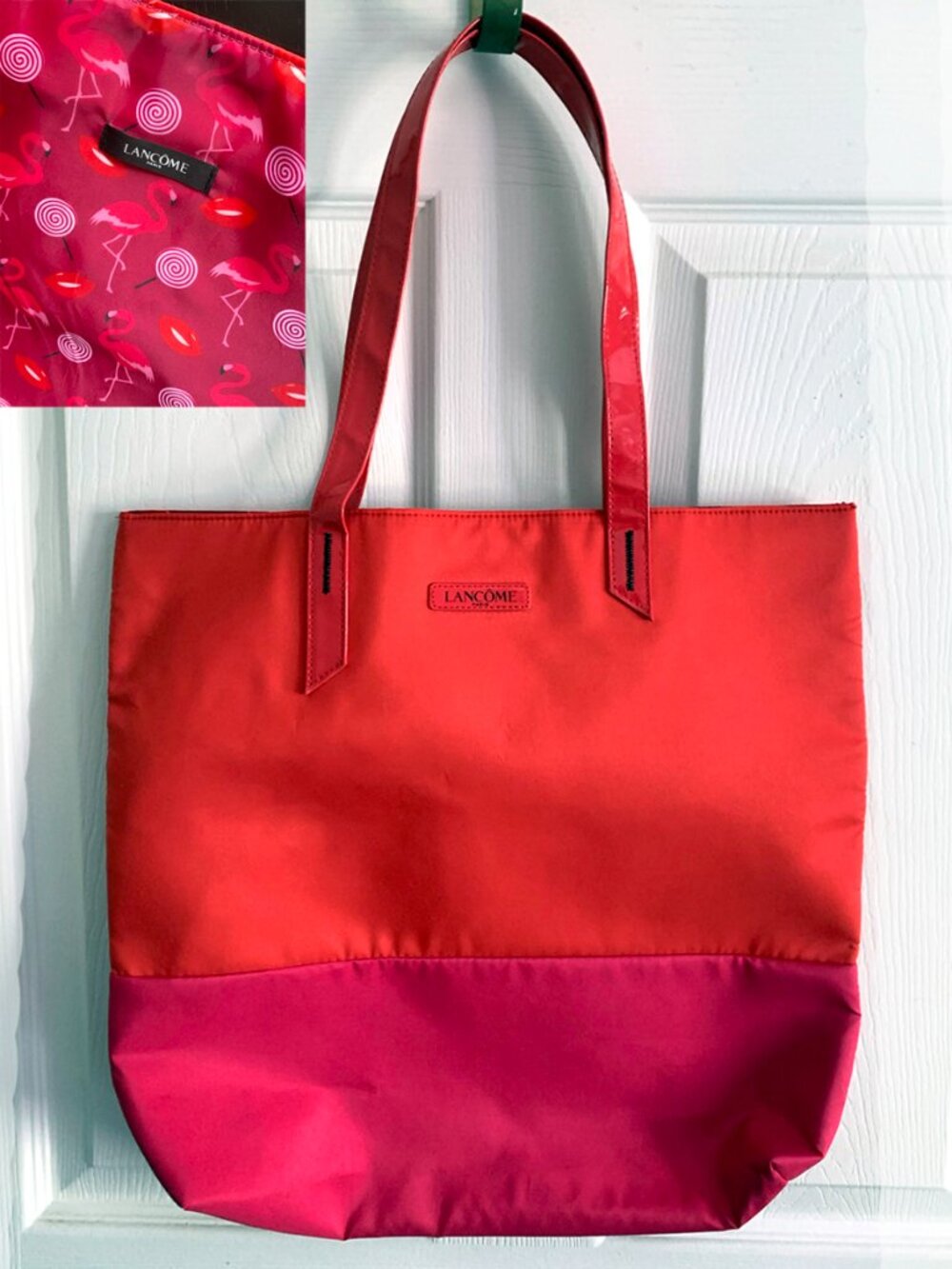 Lancôme Large Orange & Pink Colorblock Flamingo Lined Reversible Tote Bag